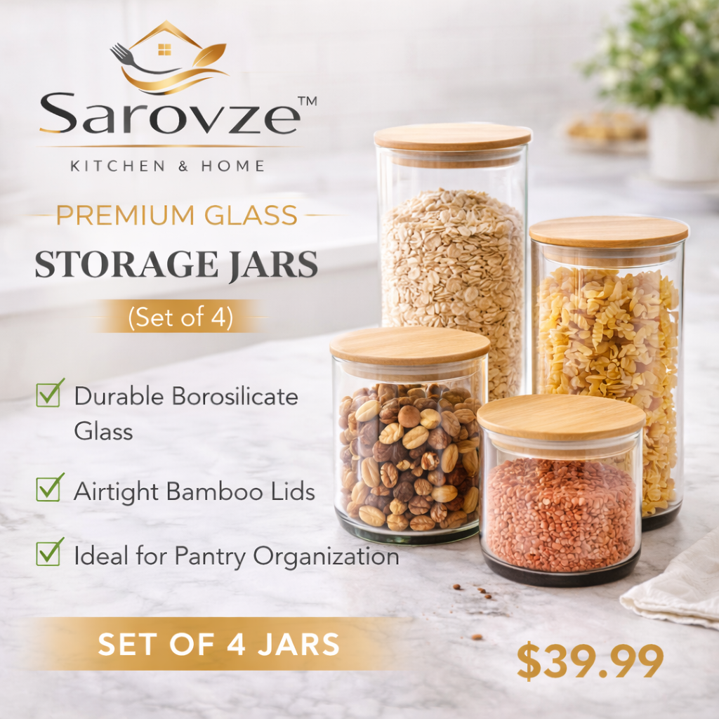Sarovze™ Premium Glass Storage Jars – Set of 4 with Bamboo Lids