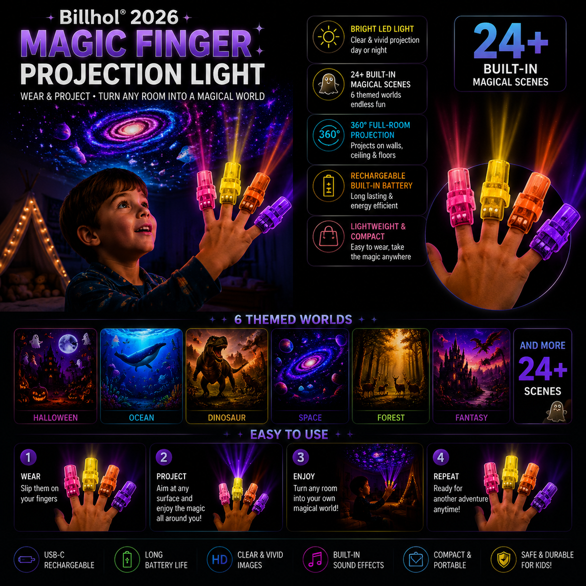 Billhol® 2026 Halloween Magic Finger Projector 😈 24+ Spooky Scenes Across 6 Immersive Worlds | Limited Edition