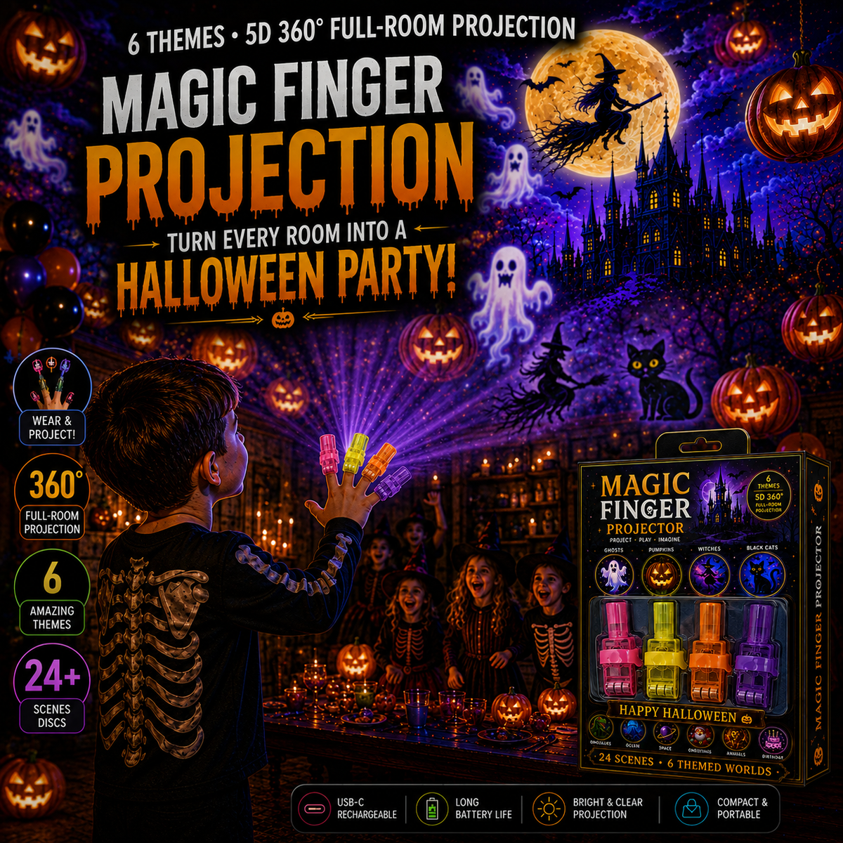 Billhol® 2026 Halloween Magic Finger Projector 😈 24+ Spooky Scenes Across 6 Immersive Worlds | Limited Edition