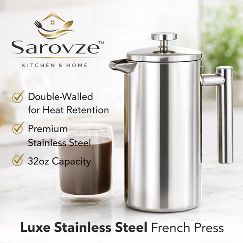 Sarovze™ Luxe Stainless Steel French Press Coffee Maker – Premium 32oz
