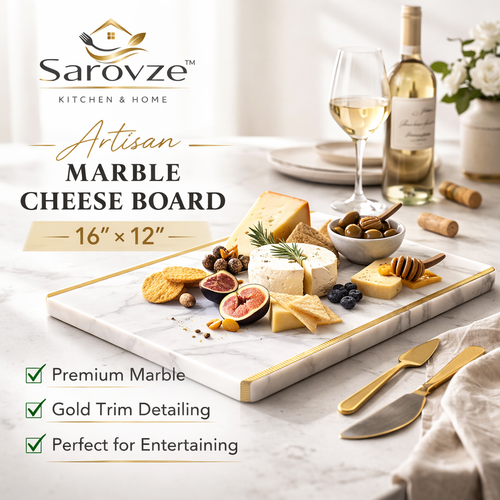 Sarovze™ Artisan Marble Cheese Board with Gold Trim – 16" x 12"