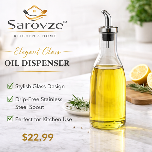 Sarovze™ Elegant Glass Oil Dispenser with Stainless Steel Spout – Stylish Oil and Vinegar Bottle