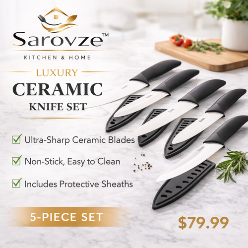 Sarovze™ Luxury Ceramic Knife Set – 5-Piece Set with Protective Sheaths