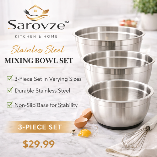 Sarovze™ Stainless Steel Mixing Bowl Set – 3 Sizes with Non-Slip Base