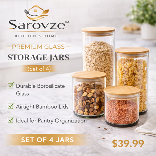 Sarovze™ Premium Glass Storage Jars – Set of 4 with Bamboo Lids