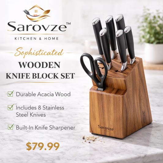 Sarovze™ Sophisticated Wooden Knife Block Set – 7-Piece Set with Sharp Steel Knives