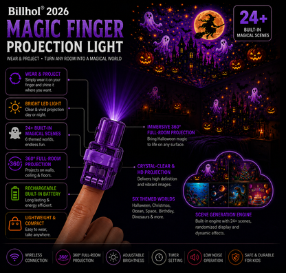 Billhol® 2026 Halloween Magic Finger Projector 😈 24+ Spooky Scenes Across 6 Immersive Worlds | Limited Edition